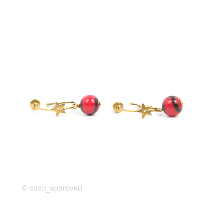 Dior Round Moon Star Drop Red Bead Earrings Aged Gold