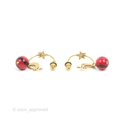 Dior Round Moon Star Drop Red Bead Earrings Aged Gold