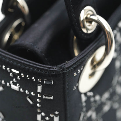 Christian Dior Mini Lady Dior Bag Black Strass Cannage Satin Silver Hardware