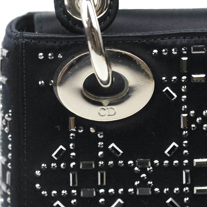 Christian Dior Mini Lady Dior Bag Black Strass Cannage Satin Silver Hardware