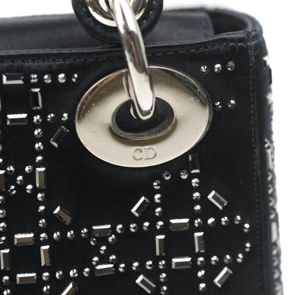 Christian Dior Mini Lady Dior Bag Black Strass Cannage Satin Silver Hardware