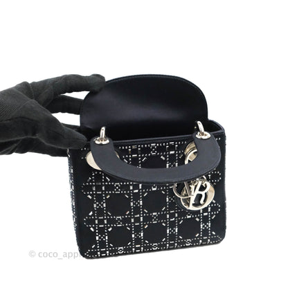 Christian Dior Mini Lady Dior Bag Black Strass Cannage Satin Silver Hardware