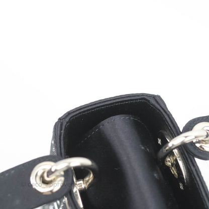 Christian Dior Mini Lady Dior Bag Black Strass Cannage Satin Silver Hardware