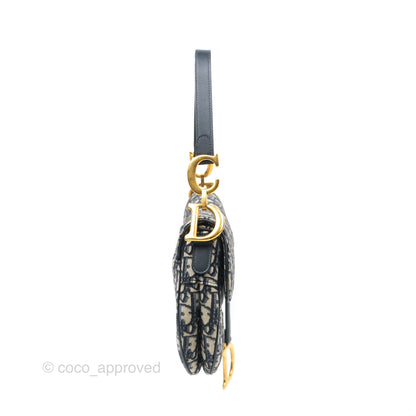Christian Dior Saddle Bag Navy Dior Oblique Embroidery Gold Hardware