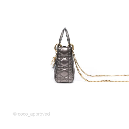 Christian Dior Mini Lady Dior Metallic Dark Grey Lambskin Cannage Gold Hardware