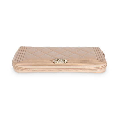 Beige Quilted Lambskin Zip Around Boy Wallet