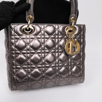 Christian Dior Medium Lady Dior Metallic Dark Grey Lambskin Gold Hardware