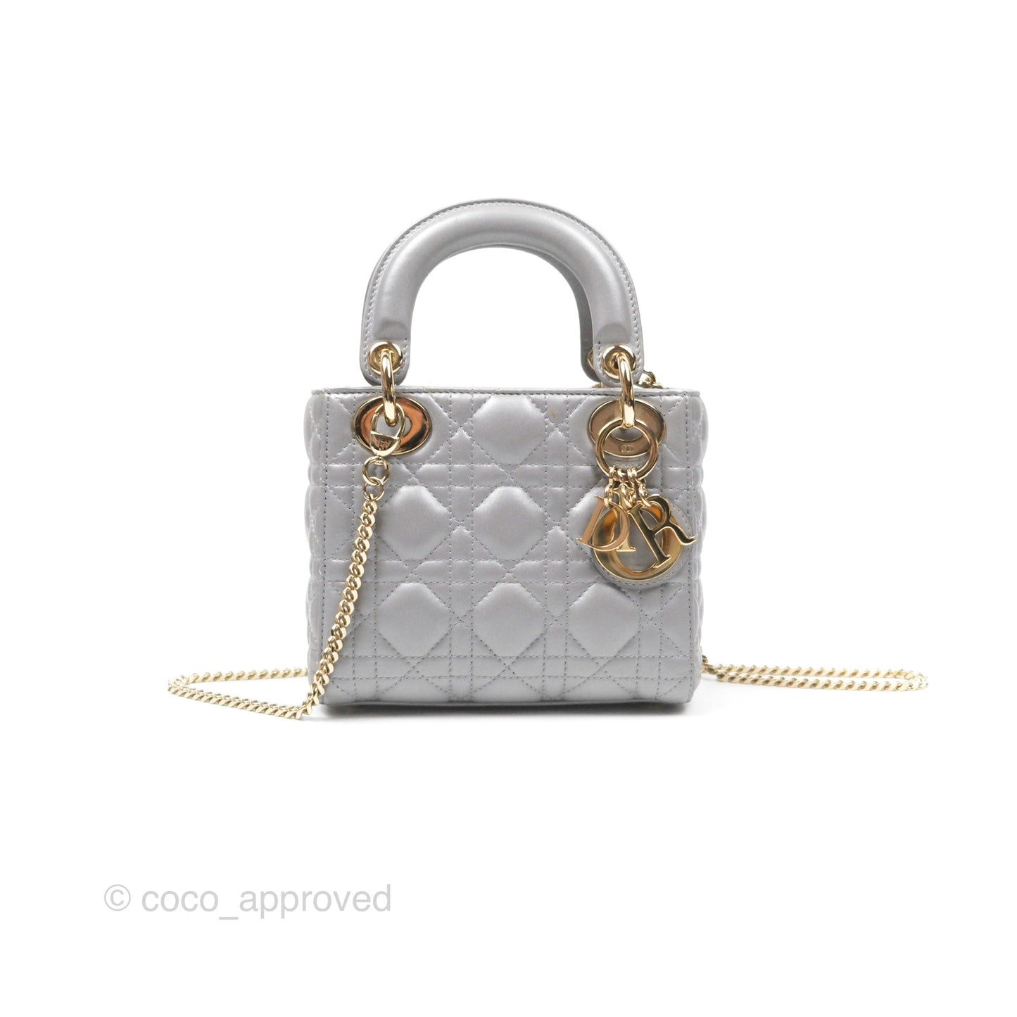 Christian Dior Lambskin Cannage Mini Lady Dior Iridescent Grey Gold Hardware