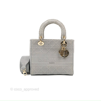 Christian Dior Medium Lady D-Lite Bag Gray Cannage Embroidery Gold Hardware