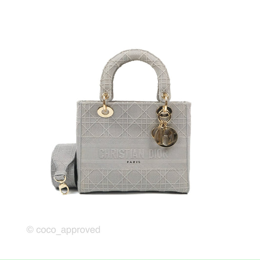 Christian Dior Medium Lady D-Lite Bag Gray Cannage Embroidery Gold Hardware