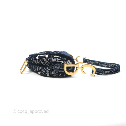 Christian Dior Saddle Bag Velvet Navy Dior Oblique Embroidery Gold Hardware