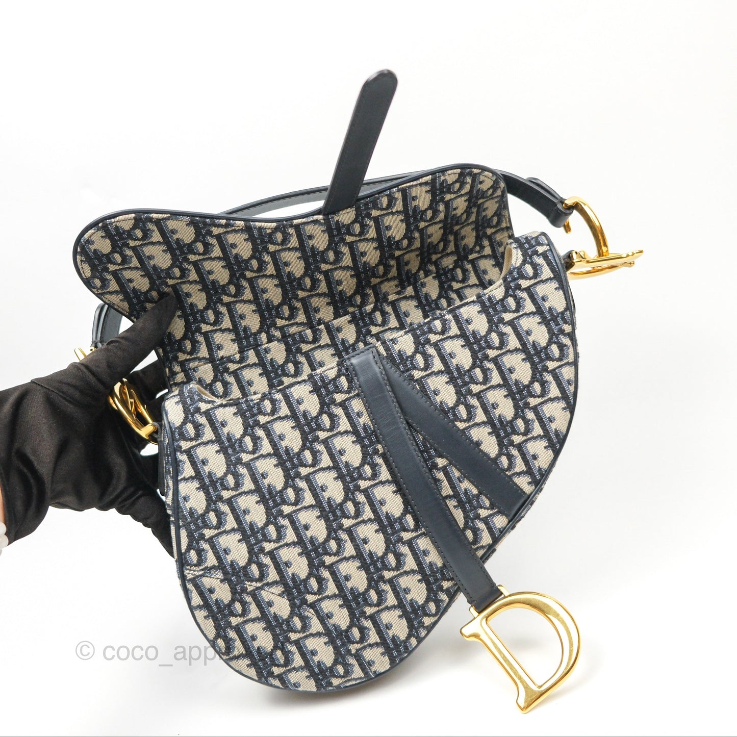 Christian Dior Saddle Bag Navy Dior Oblique Embroidery Gold Hardware