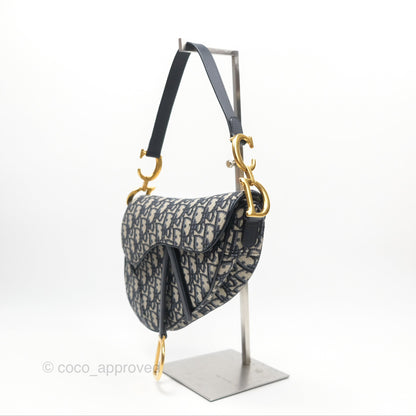 Christian Dior Saddle Bag Navy Dior Oblique Embroidery Gold Hardware