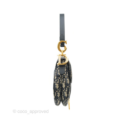 Christian Dior Saddle Bag Navy Dior Oblique Embroidery Gold Hardware