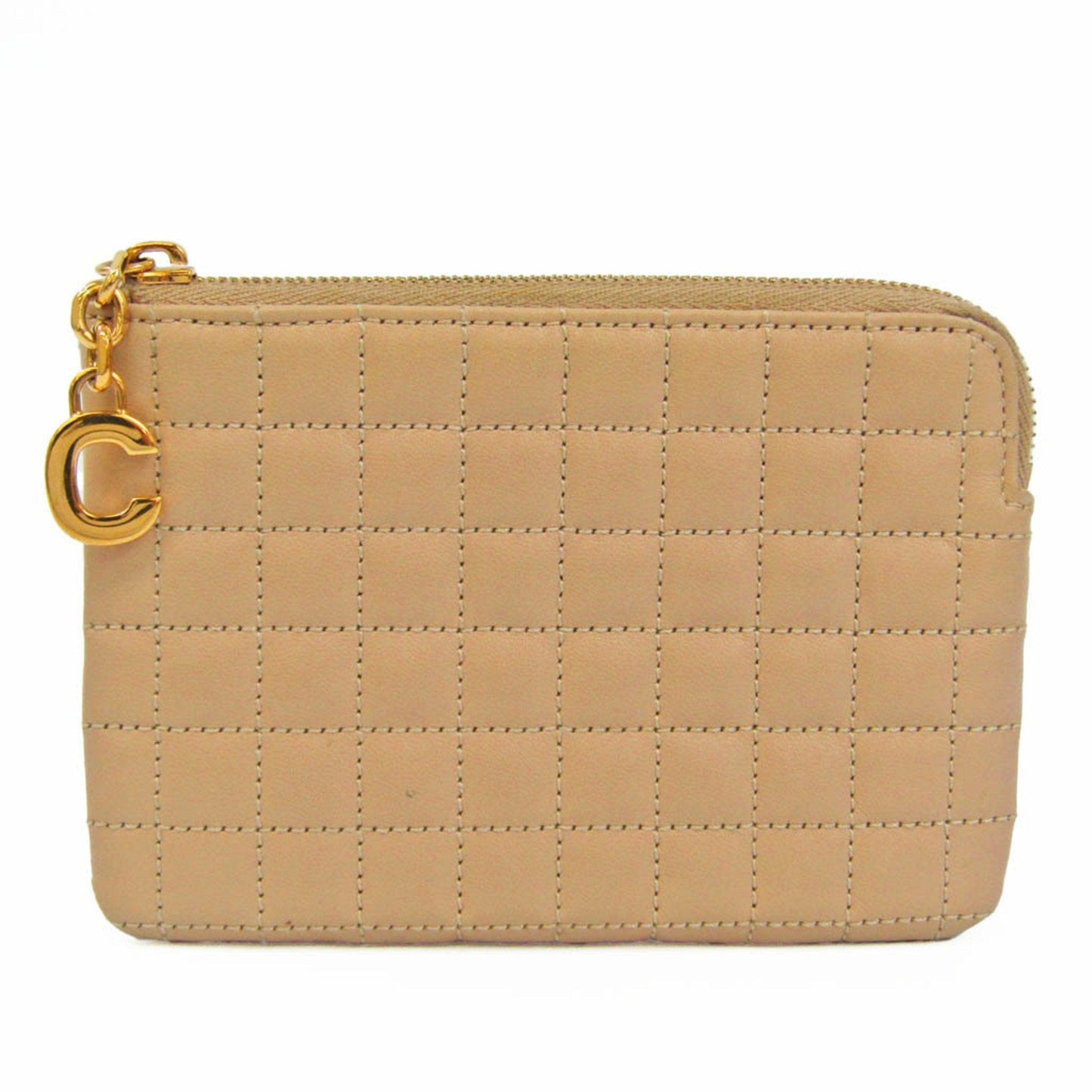 Celine Quilted C Charm Women's Leather Coin Purse/coin Case Beige