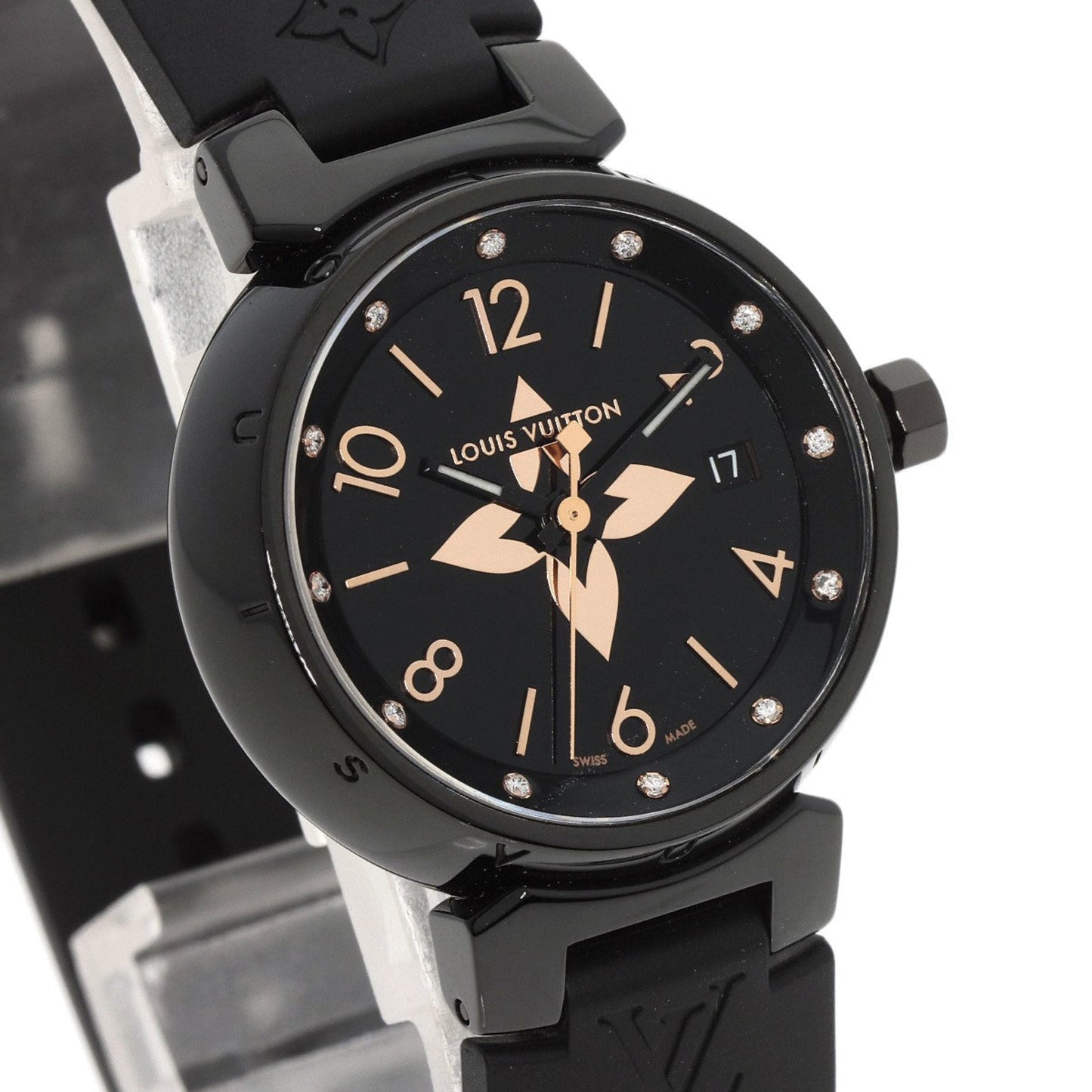 LOUIS VUITTON QA047 Tambour All Black PM 12P Diamond Watch Stainless Steel Rubber Ladies