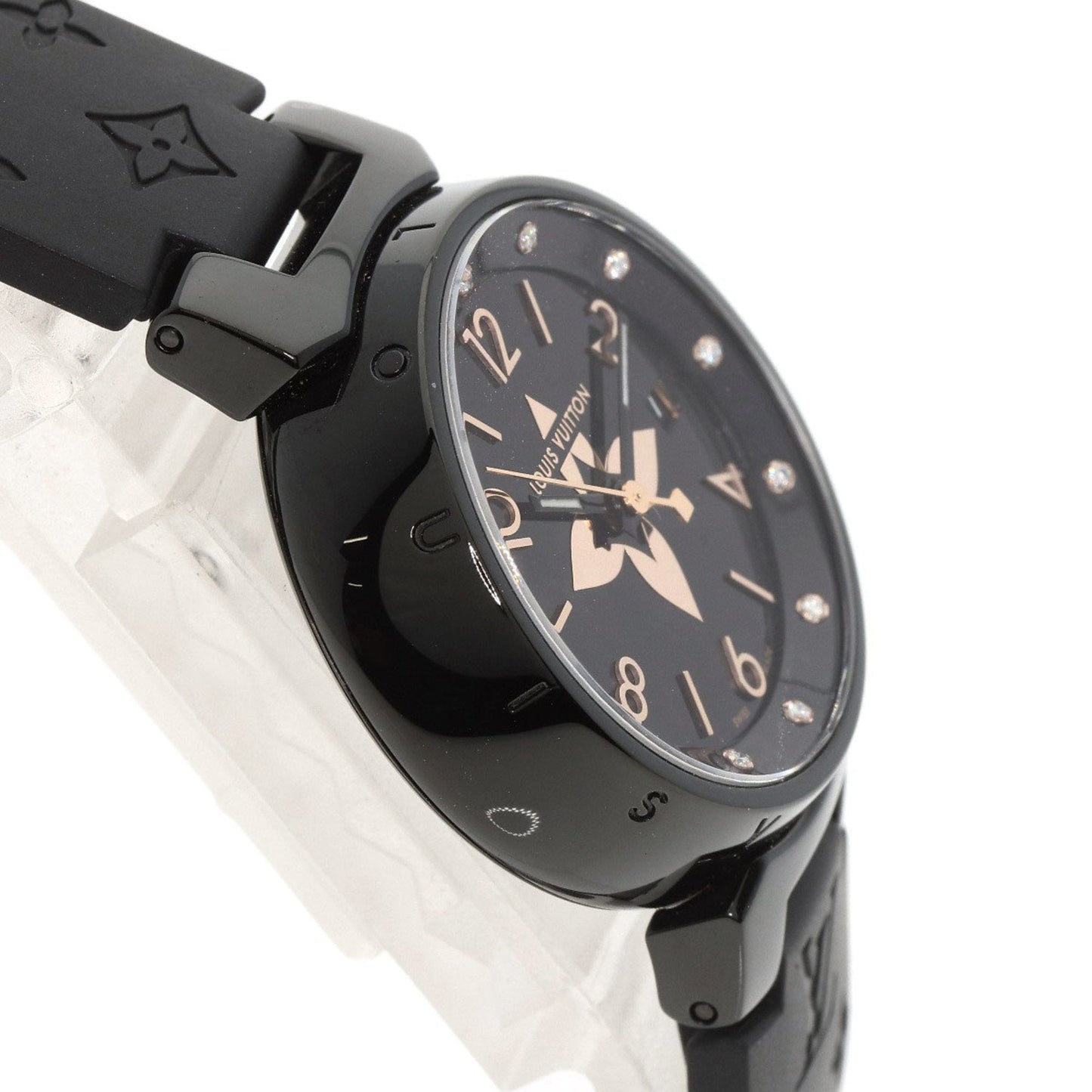 LOUIS VUITTON QA047 Tambour All Black PM 12P Diamond Watch Stainless Steel Rubber Ladies