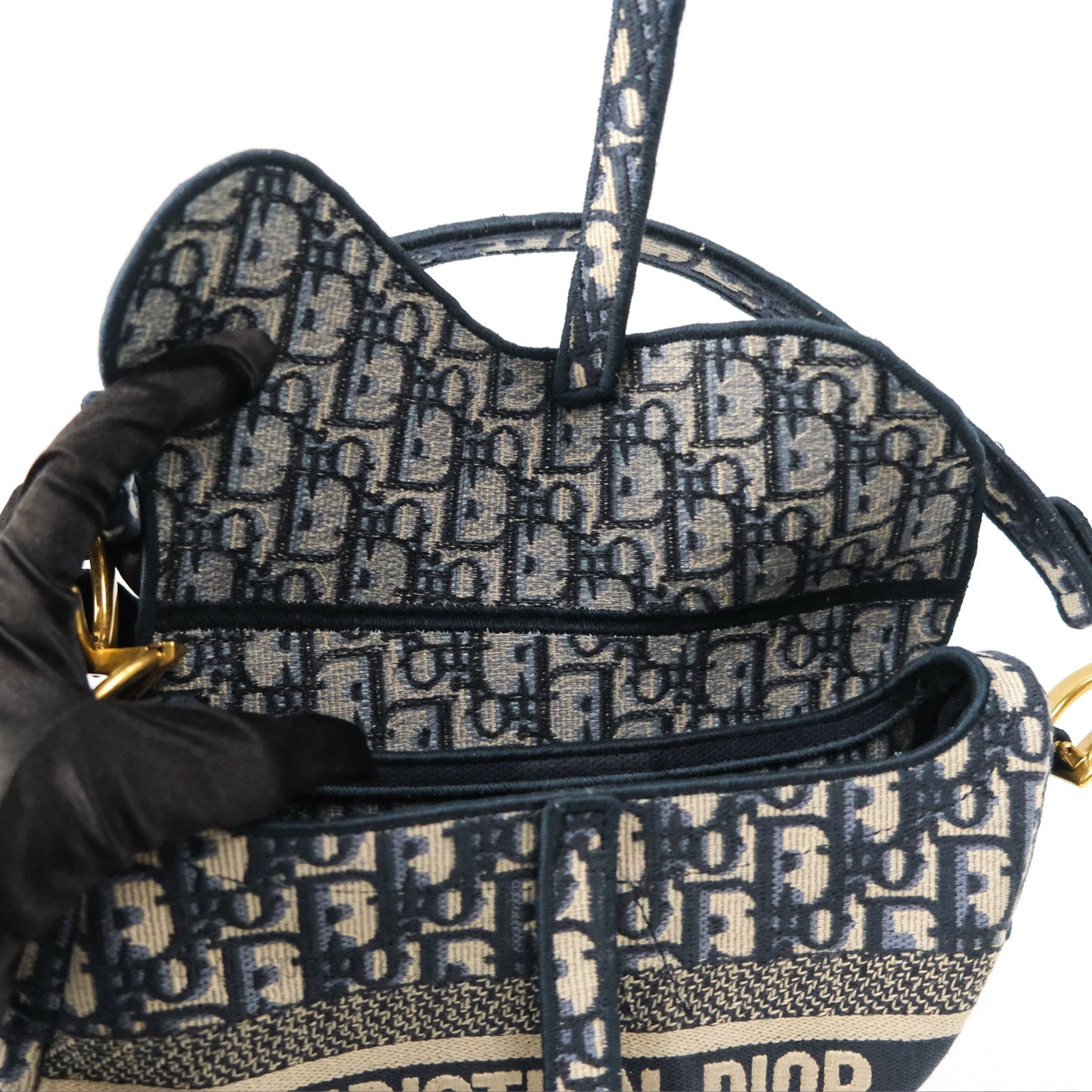 Christian Dior Navy Saddle Bag Dior Oblique Embroidery Gold Hardware