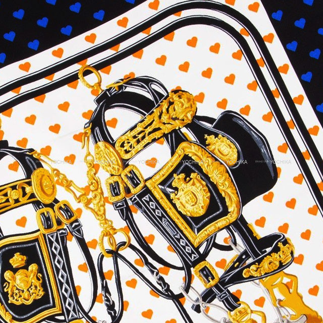 2017SS HERMES scarf Carre 90 Brides de Gala Love Blanc (White)/Orange/Noir (Black) Silk100%