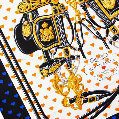 2017SS HERMES scarf Carre 90 Brides de Gala Love Blanc (White)/Orange/Noir (Black) Silk100%