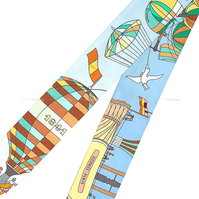 HERMES scarf Twilly Les Folies du Ciel Soleil Blue lavender/Vert  Silk100%