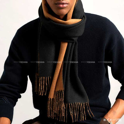 HERMES muffler Bi-color Recto-Verso Noir (Black) /Camel Cashmere100%