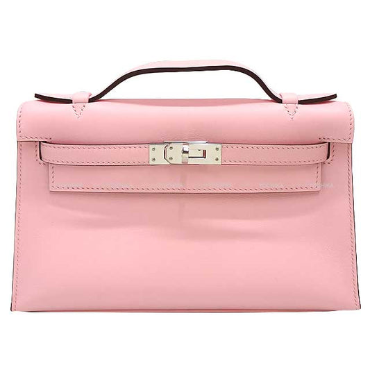 HERMES Handbag Pochette Kelly Rose Sakura Veau Swift Silver HW Stamp