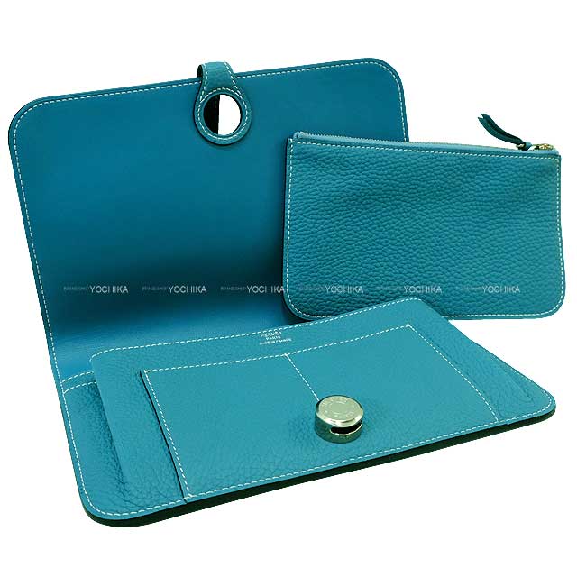 HERMES long wallet Dogon GM Bleu Jean Veau Togo Silver HW Stamp □O