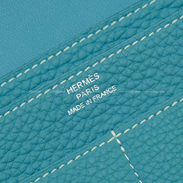 HERMES long wallet Dogon GM Bleu Jean Veau Togo Silver HW Stamp □O
