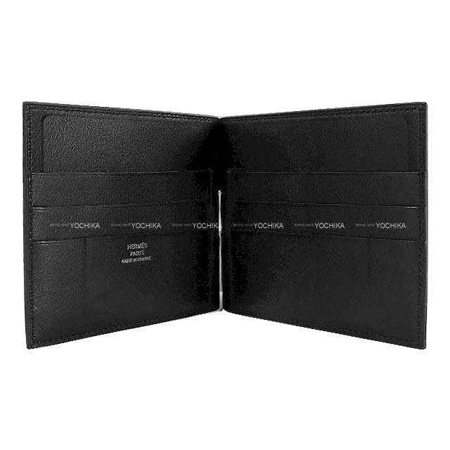 HERMES Bi-fold wallet Bifold billfold wallet with money clip Poker GM Noir (Black) Ever Grain Silver HW Stamp