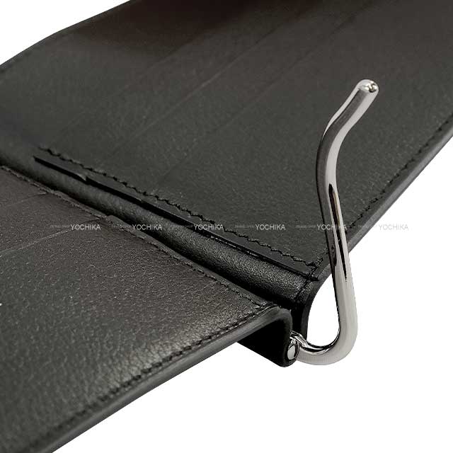 HERMES Bi-fold wallet Bifold billfold wallet with money clip Poker GM Noir (Black) Ever Grain Silver HW Stamp