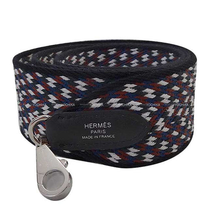 HERMES shoulder strap Bandouliere 50mm 105cm Sangles Zigzag Noir (Black)/Blanc (White)/Deep Blue Toile/Veau Swift Silver HW Stamp