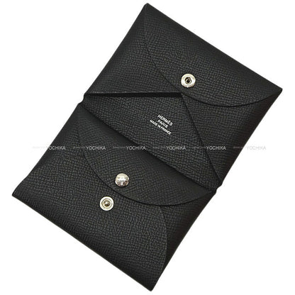 HERMES card holder Calvi Duo Noir (Black) Veau Epsom Silver HW Stamp