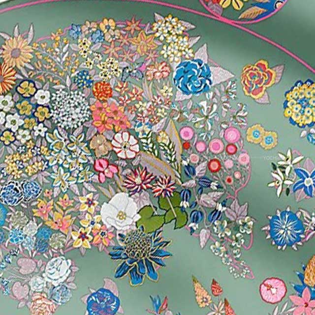 2023 AW HERMES scarf Carre 90 Planifleurs Vert Amande/Pink/Blue Silk100%