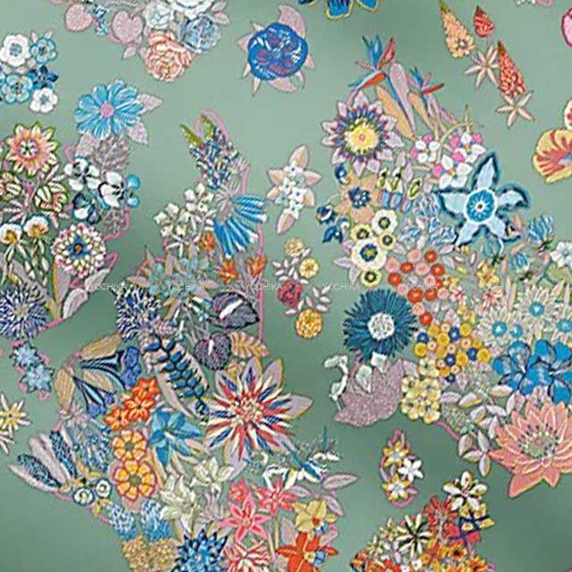 2023 AW HERMES scarf Carre 90 Planifleurs Vert Amande/Pink/Blue Silk100%