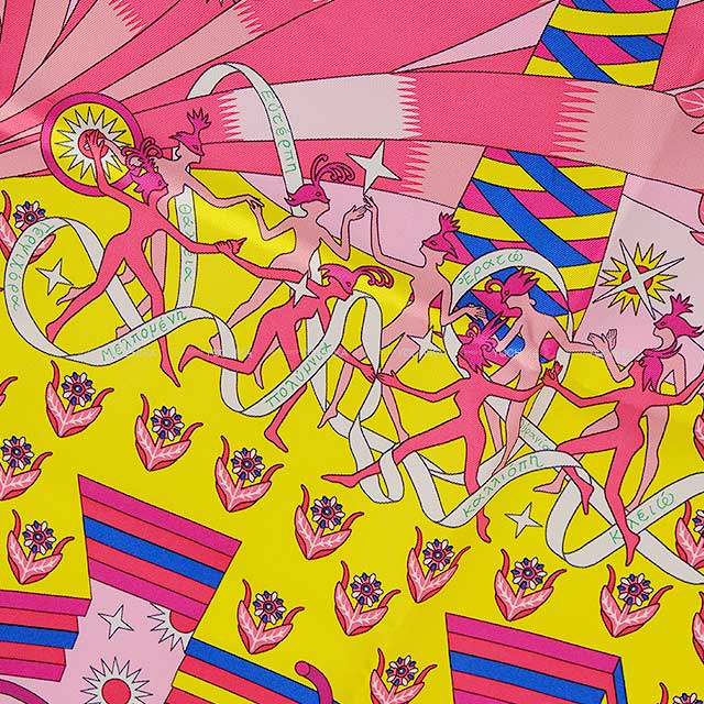 2021SS HERMES scarf Carre 90 Woof Woof  wanwan dachshund Source of Pegasus applique embroidery Rose(5T)/Jaune vif/Bleu Royal(O8) Silk100%