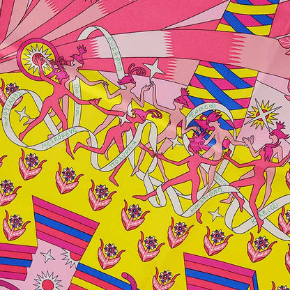 2021SS HERMES scarf Carre 90 Woof Woof  wanwan dachshund Source of Pegasus applique embroidery Rose(5T)/Jaune vif/Bleu Royal(O8) Silk100%