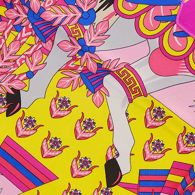 2021SS HERMES scarf Carre 90 Woof Woof  wanwan dachshund Source of Pegasus applique embroidery Rose(5T)/Jaune vif/Bleu Royal(O8) Silk100%