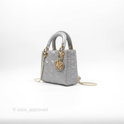 Christian Dior Lambskin Cannage Mini Lady Dior Iridescent Grey Gold Hardware