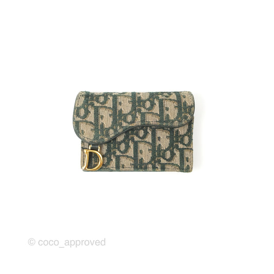 Christian Dior Saddle Flap Card Holder Green Dior Oblique Jacquard