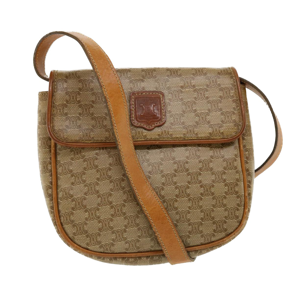 Celine Macadam Canvas Shoulder Bag PVC Leather Beige  35355