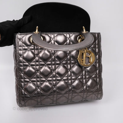 Christian Dior Medium Lady Dior Metallic Dark Grey Lambskin Gold Hardware
