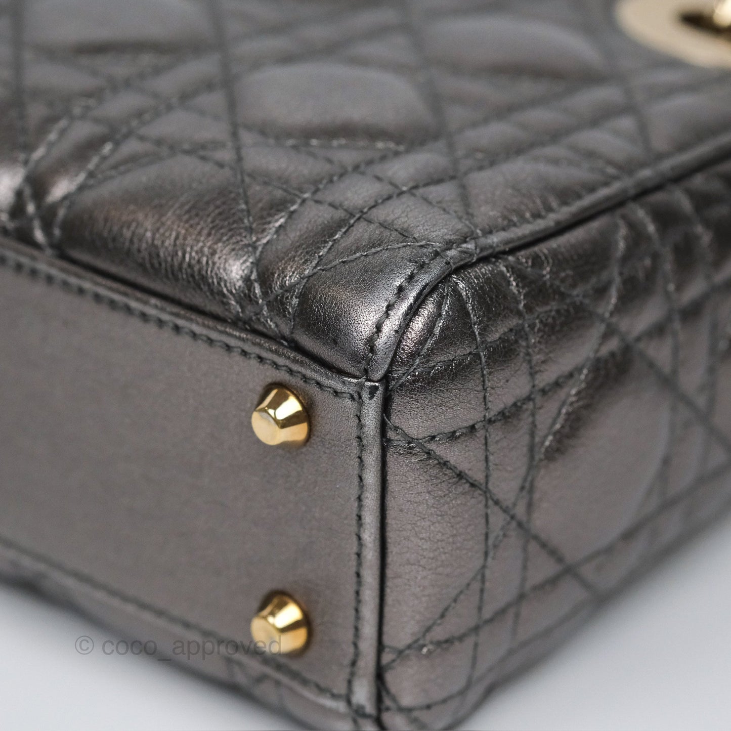 Christian Dior Mini Lady Dior Metallic Dark Grey Lambskin Cannage Gold Hardware