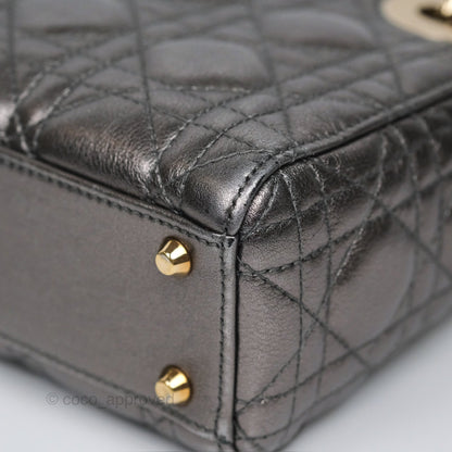 Christian Dior Mini Lady Dior Metallic Dark Grey Lambskin Cannage Gold Hardware