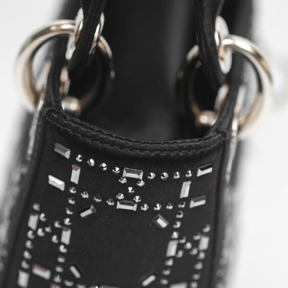 Christian Dior Mini Lady Dior Bag Black Strass Cannage Satin Silver Hardware