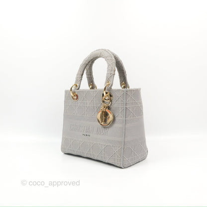 Christian Dior Medium Lady D-Lite Bag Gray Cannage Embroidery Gold Hardware