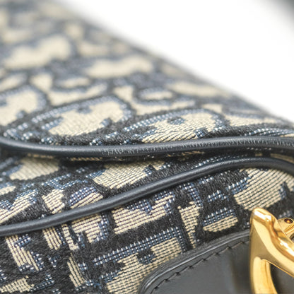 Christian Dior Saddle Bag Navy Dior Oblique Embroidery Gold Hardware
