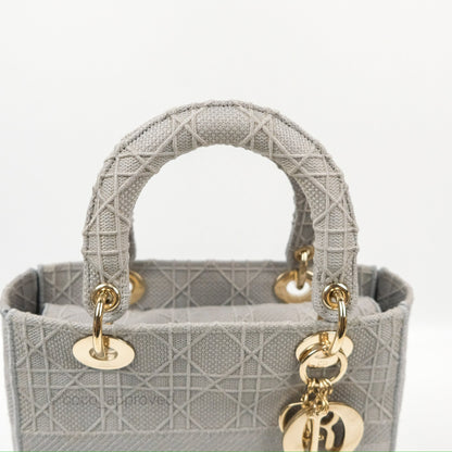Christian Dior Medium Lady D-Lite Bag Gray Cannage Embroidery Gold Hardware
