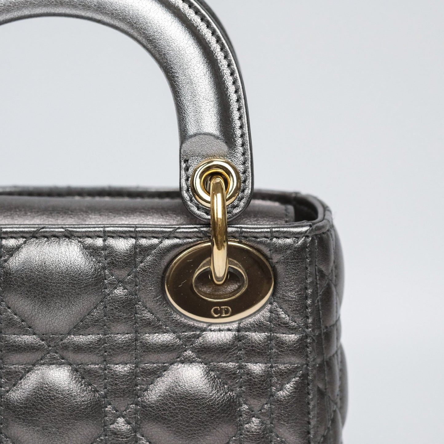 Christian Dior Mini Lady Dior Metallic Dark Grey Lambskin Cannage Gold Hardware