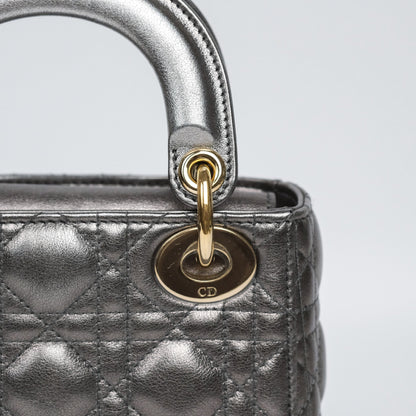 Christian Dior Mini Lady Dior Metallic Dark Grey Lambskin Cannage Gold Hardware